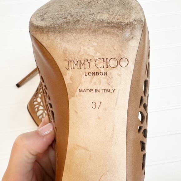 Jimmy Choo Romy 100 Brown Laser Cut Leather Pumps Heels Perforated Canyon 37 - Picture 9 of 14